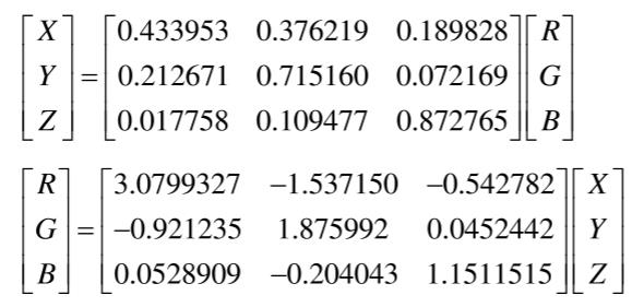 RGB顏色空間和CIEXYZ顏色空間相互轉換式